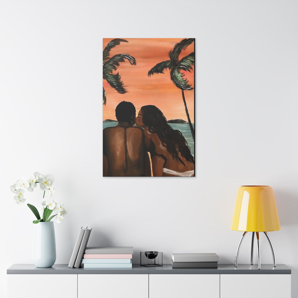 Romantic Beach Couple Canvas – Sunset Palm Stretched Wall Art - {{variant_title}} | litemerch