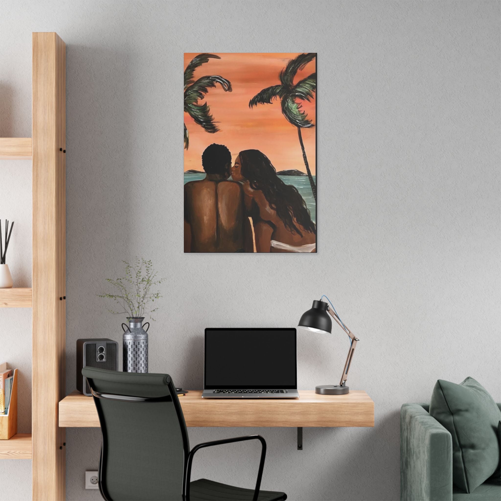 Romantic Beach Couple Canvas – Sunset Palm Stretched Wall Art - {{variant_title}} | litemerch
