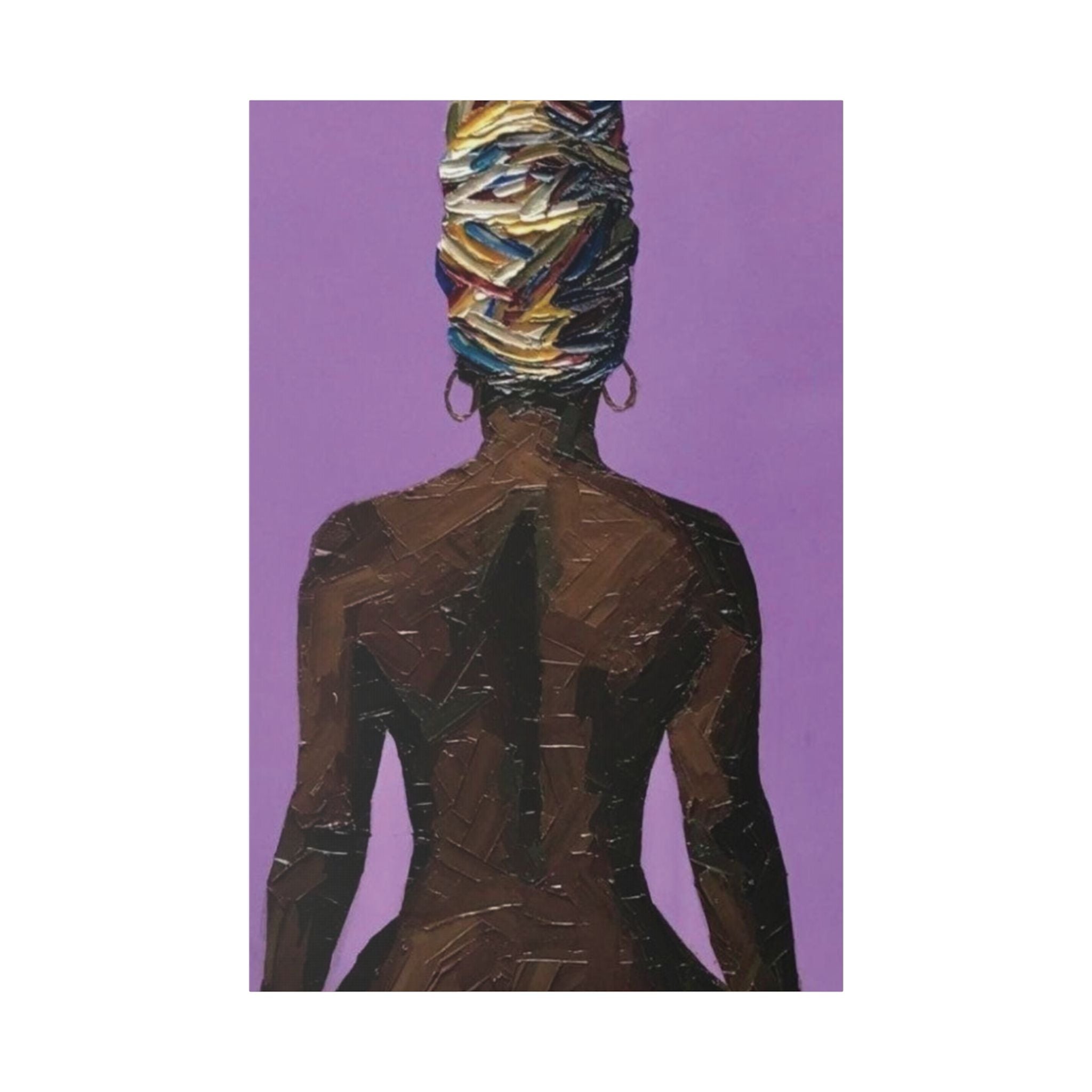Afrocentric Woman's Beautiful Back Portrait Canvas – Modern Purple Headwrap Wall Art - {{variant_title}} | litemerch