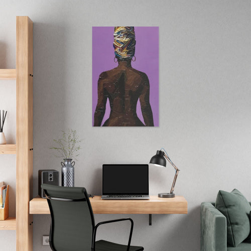 Afrocentric Woman's Beautiful Back Portrait Canvas – Modern Purple Headwrap Wall Art - {{variant_title}} | litemerch