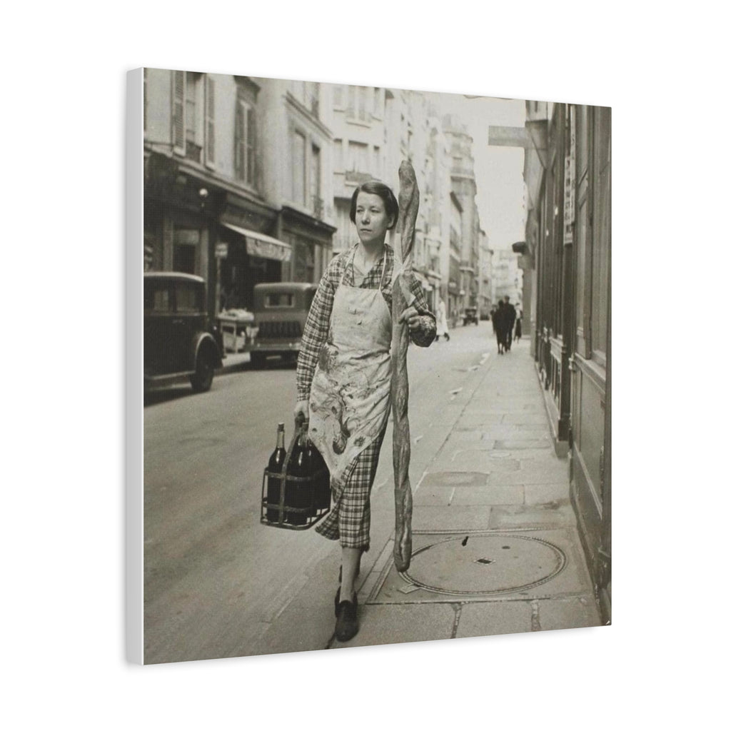 Vintage 1945 French Woman with Baguette & Wine — Matte Canvas Print (Stretched) - {{variant_title}} | litemerch