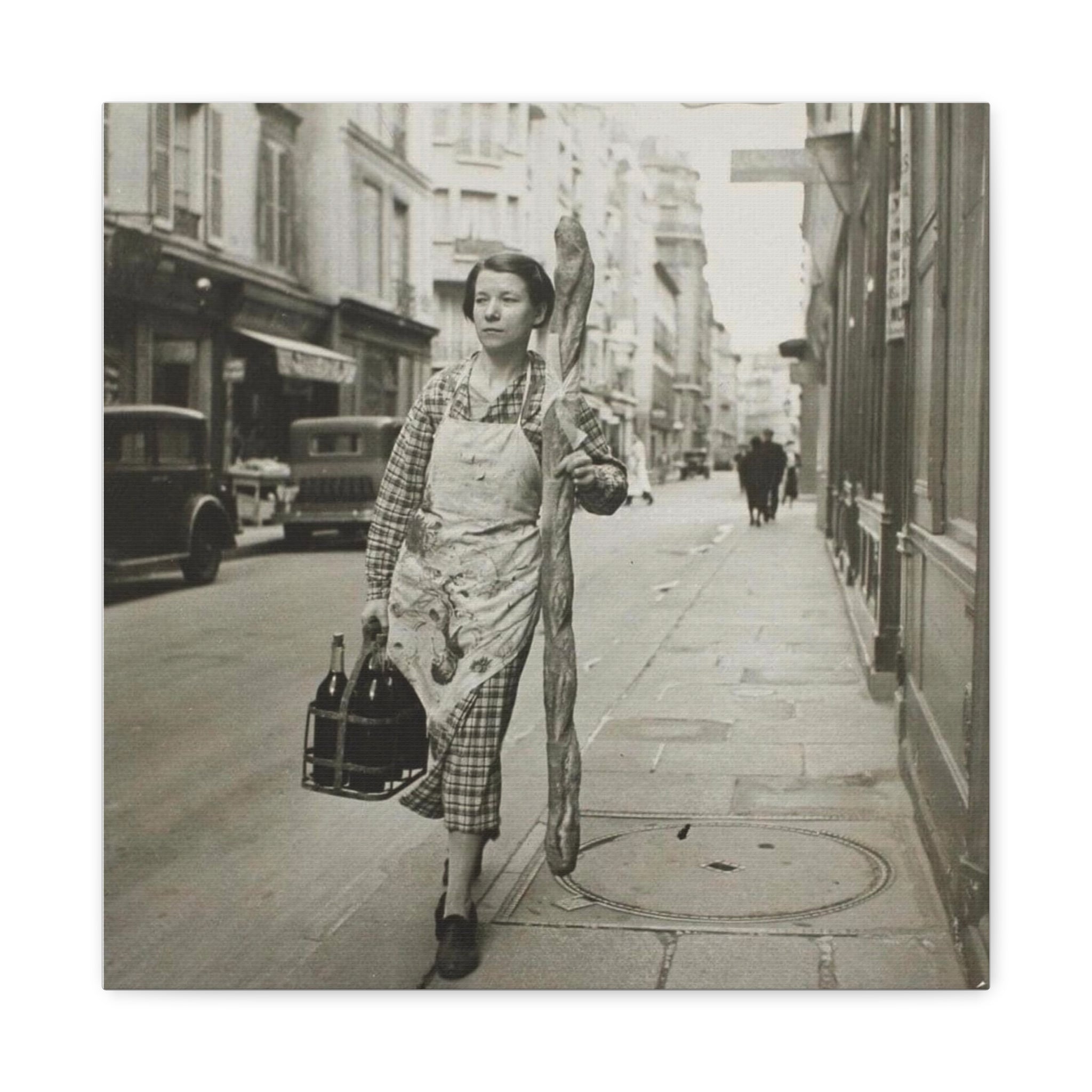 Vintage 1945 French Woman with Baguette & Wine — Matte Canvas Print (Stretched) - {{variant_title}} | litemerch