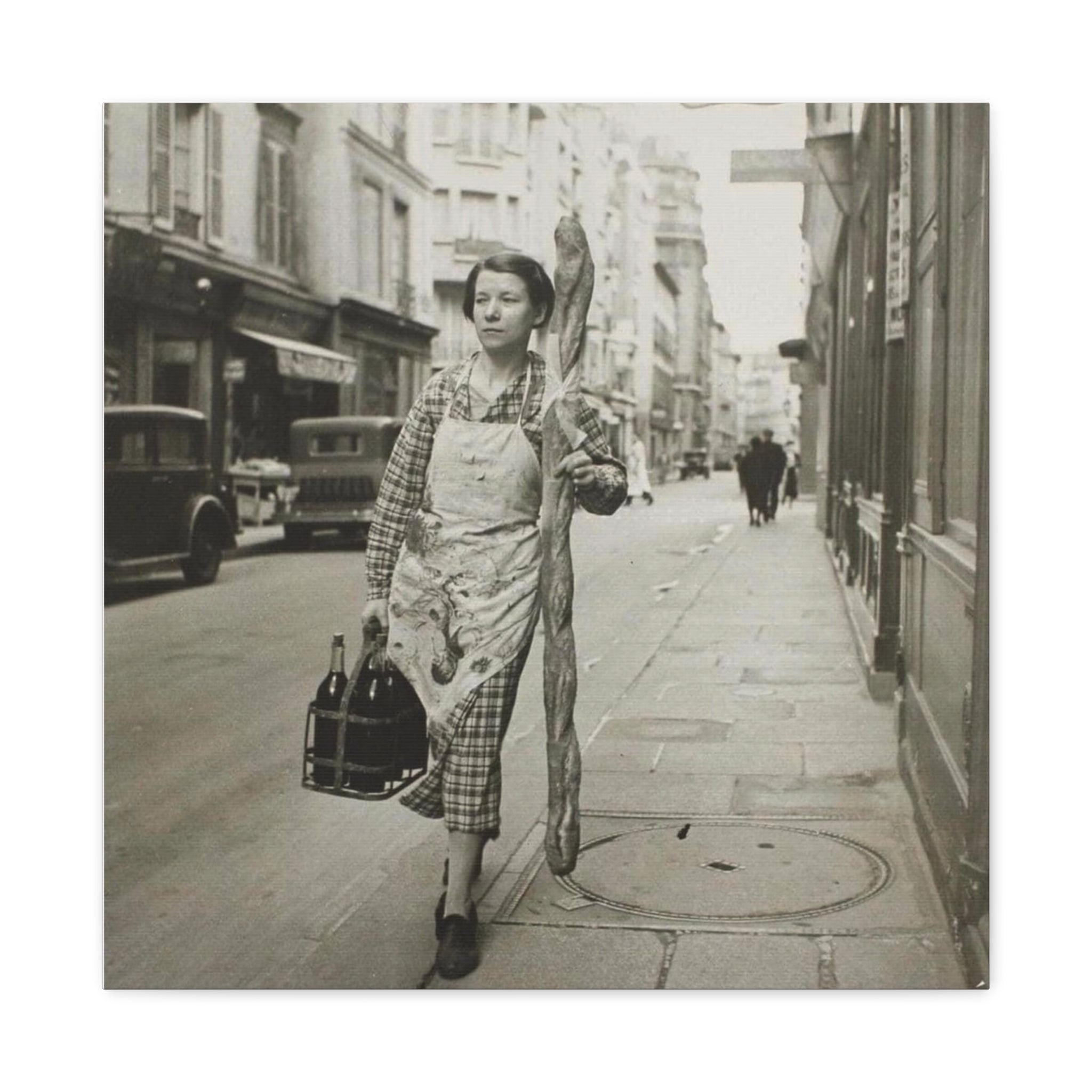 Vintage 1945 French Woman with Baguette & Wine — Matte Canvas Print (Stretched) - {{variant_title}} | litemerch