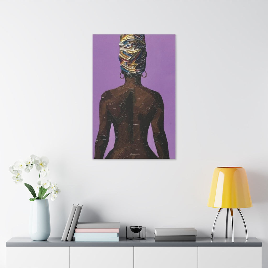 Afrocentric Woman's Beautiful Back Portrait Canvas – Modern Purple Headwrap Wall Art - {{variant_title}} | litemerch
