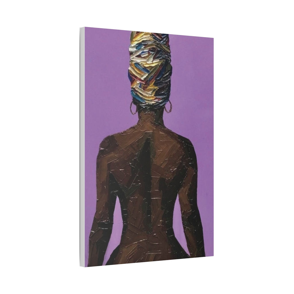 Afrocentric Woman's Beautiful Back Portrait Canvas – Modern Purple Headwrap Wall Art - {{variant_title}} | litemerch