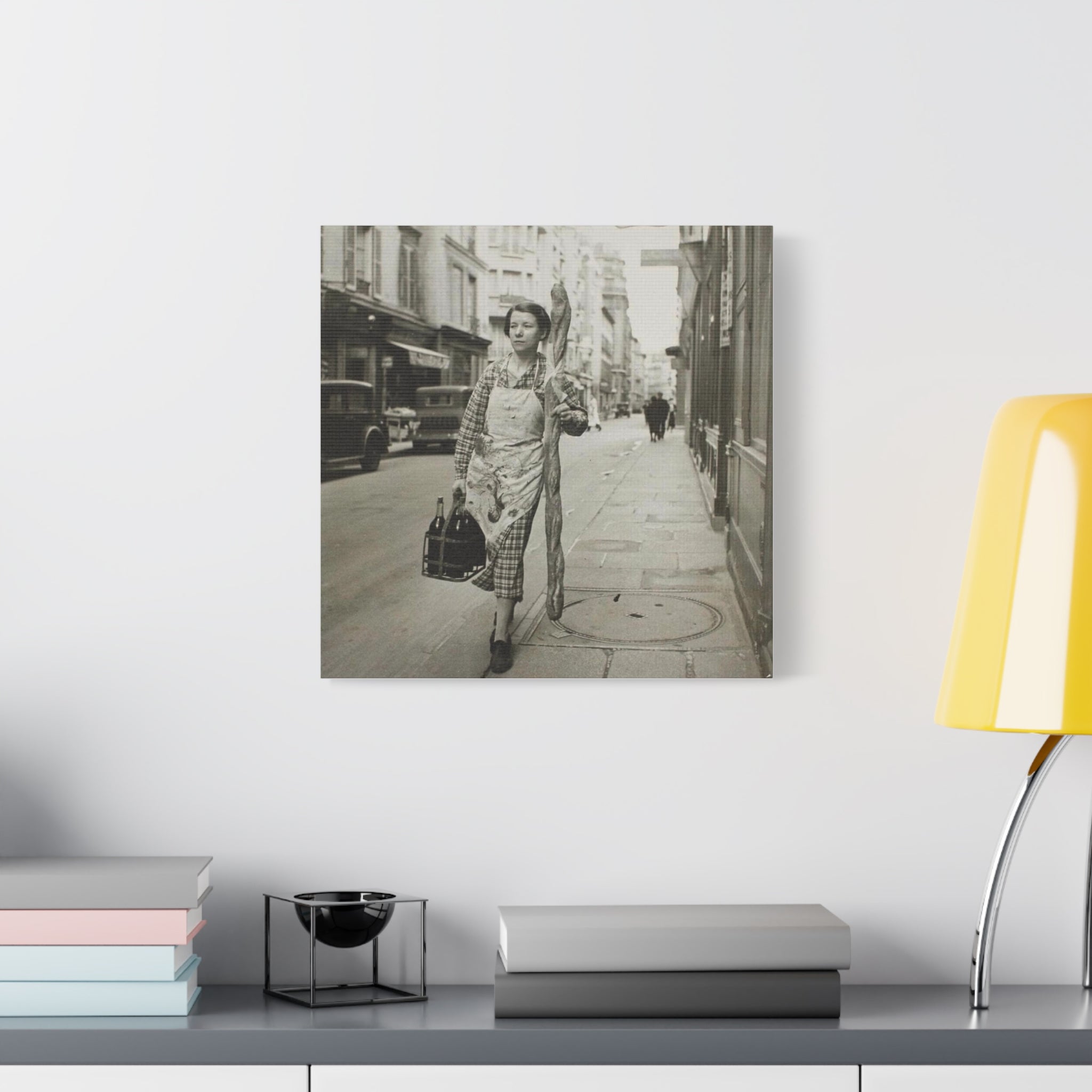 Vintage 1945 French Woman with Baguette & Wine — Matte Canvas Print (Stretched) - {{variant_title}} | litemerch