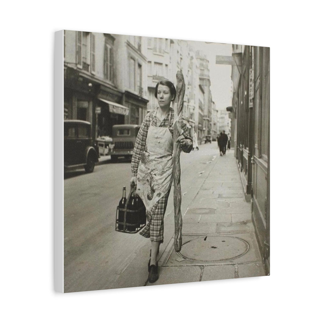 Vintage 1945 French Woman with Baguette & Wine — Matte Canvas Print (Stretched) - {{variant_title}} | litemerch