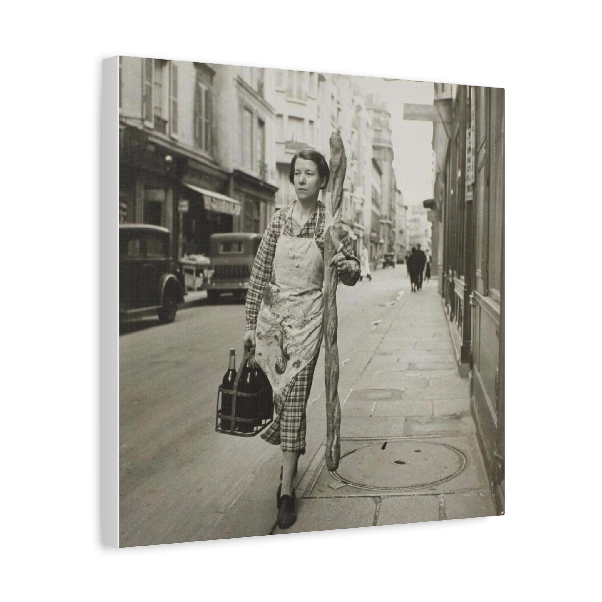 Vintage 1945 French Woman with Baguette & Wine — Matte Canvas Print (Stretched) - {{variant_title}} | litemerch