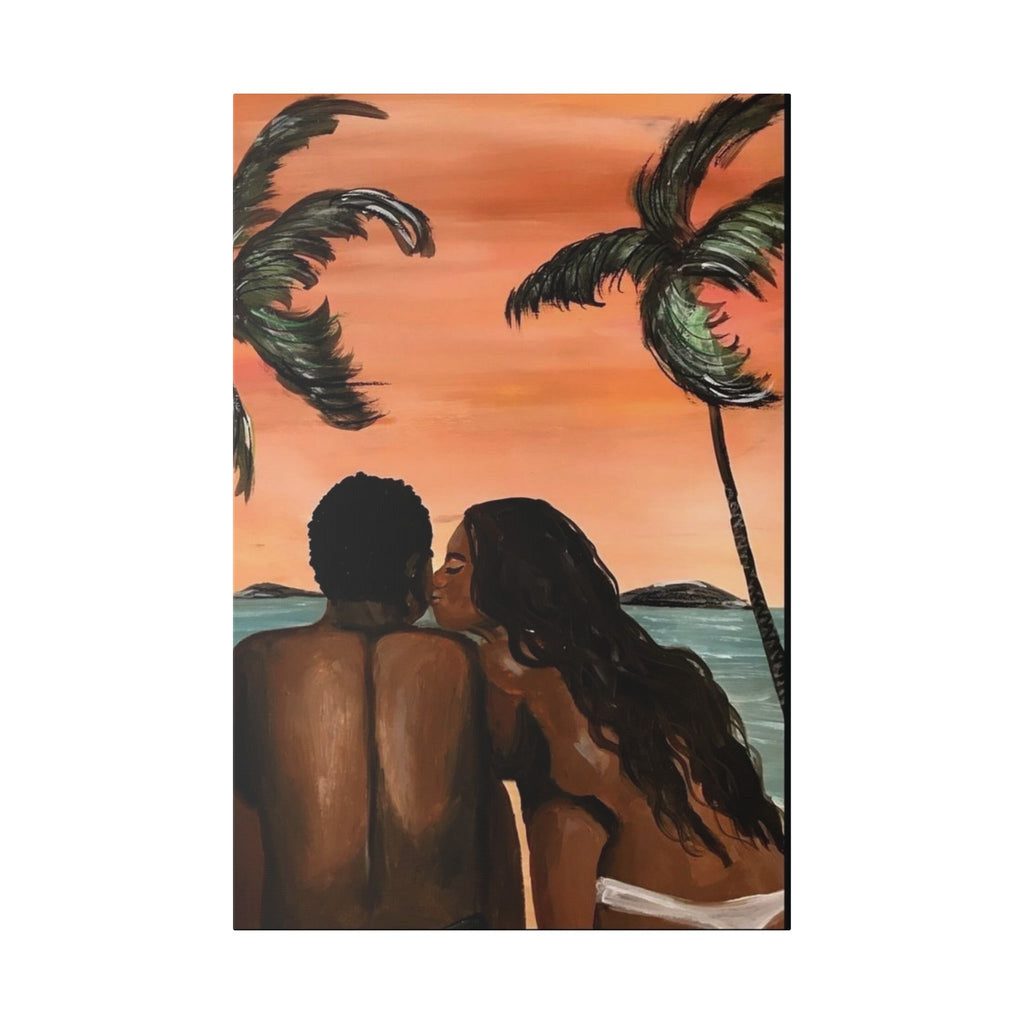 Romantic Beach Couple Canvas – Sunset Palm Stretched Wall Art - {{variant_title}} | litemerch